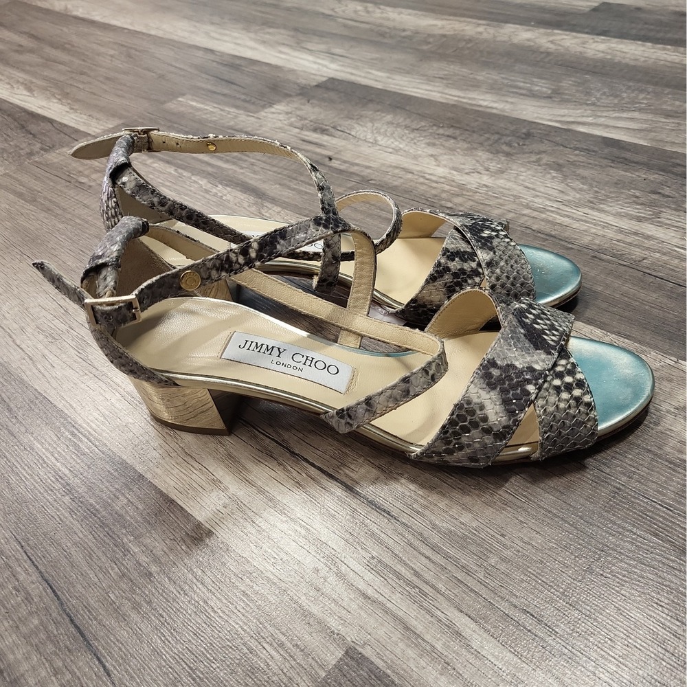 Jimmy Choo London Merit Snakeskin Block Heel Sandals Size 37.5